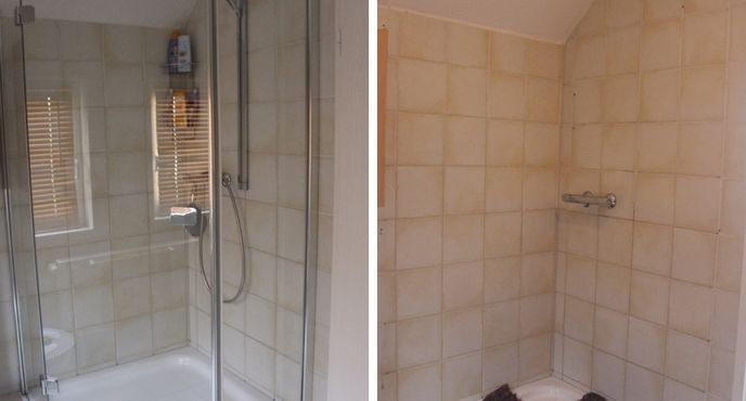 Vergleichsbild: alte Dusche und erste Arbeitsschritte
