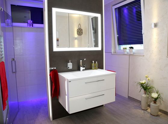 modernes Badezimmer mit Waschtisch und Spiegelschrank
