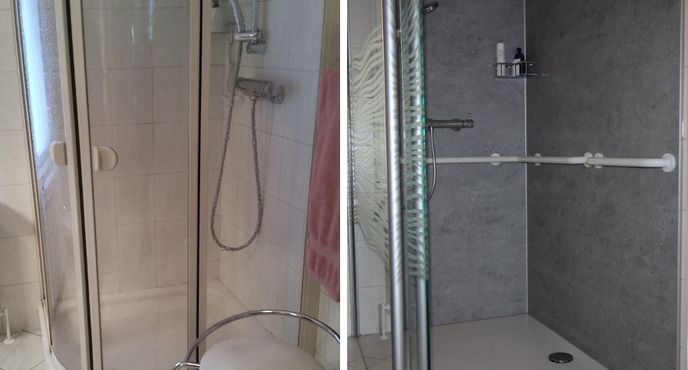 Vergleichsbild: alte und neue Dusche mit fugenfreien Aluminiumverbundplatten